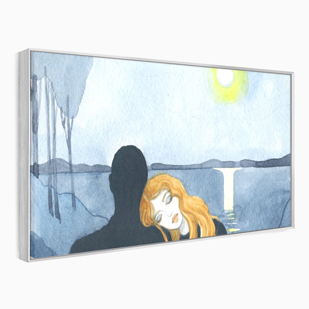 Tablou canvas cu pictura cu un cuplu langa lac, in rama de aluminiu argintiu